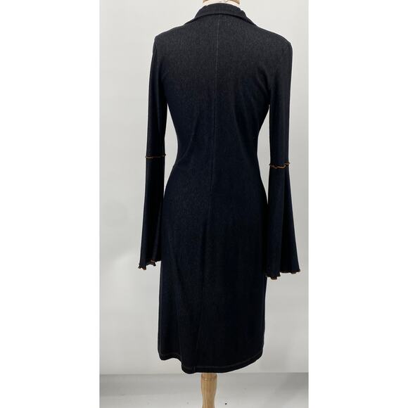 Vintage Y2k Bell Sleeve Stretch Cotton Denim Dress Collared V Neck Dark Wash M - Picture 8 of 10